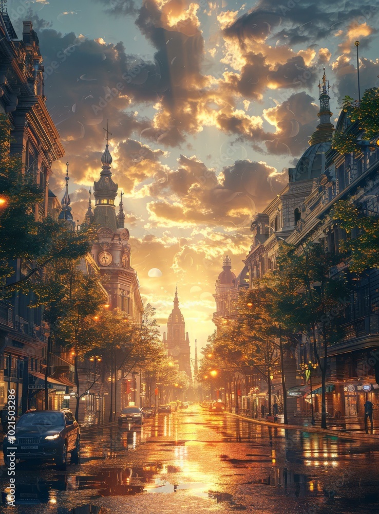 Naklejka premium Rainy Sunset Cityscape Illustration