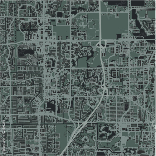 Map of Coconut Creek in Florida in a smooth dark style. Contains layered vector with roads water, parks, etc.