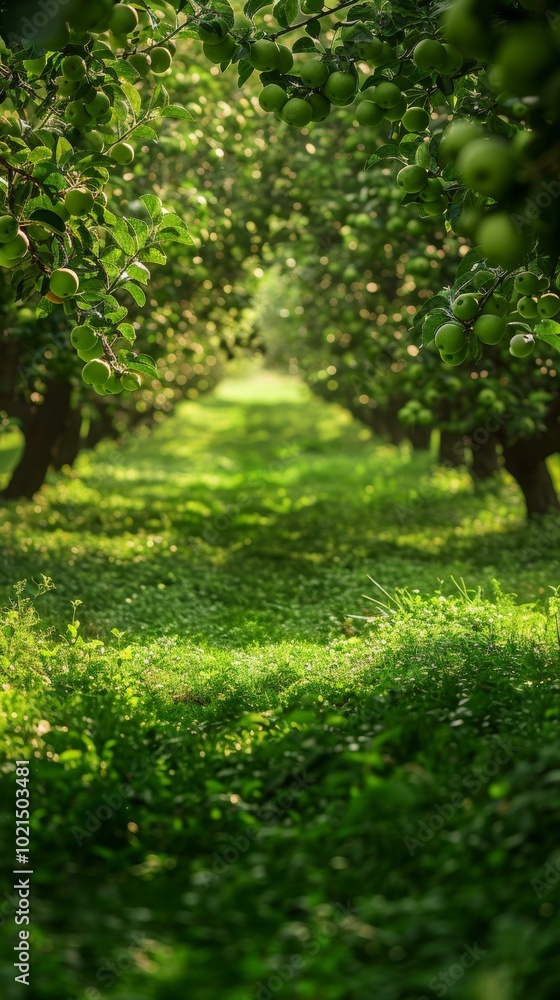 Green apple orchard with a lot of green apples hanging on the branches Green apple orchard with a lot of green apples hanging on the branches