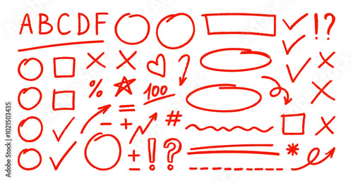 Grading doodle set, hand drawn elements. Red grades simple elements - grades results, frame accent line, plus and minus signs, check mark and cross mark, underlines, arrows. Knowledge testing, exam.