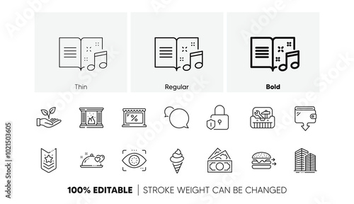Lock, Food delivery and Toolbox line icons. Pack of Ice cream, Helping hand, Music book icon. Romantic dinner, Skyscraper buildings, Fireplace pictogram. Messenger, Market, Shoulder strap. Vector