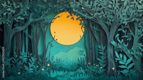 A paper cutout of a forest with a yellow moon in the sky