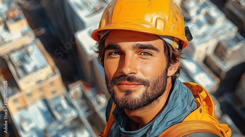 Dedicated construction worker smiling high above the city skyline