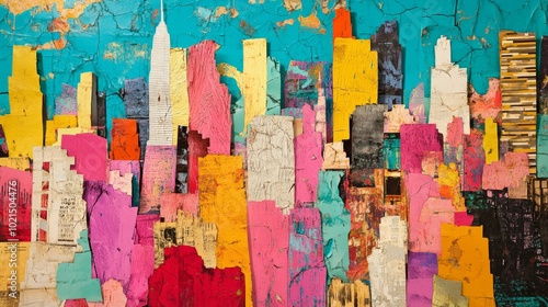 A colorful cityscape with buildings in various shades of pink, yellow, and blue