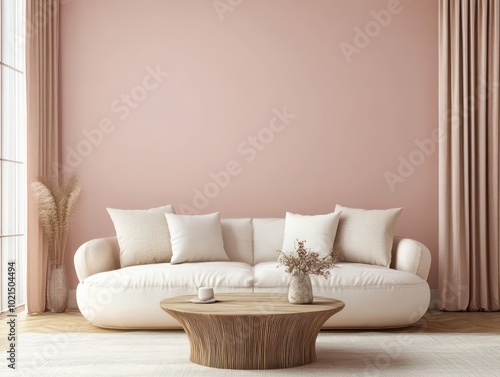 Blush pink walls paired with neutral furniture and a minimalist coffee table for a light, cozy family room