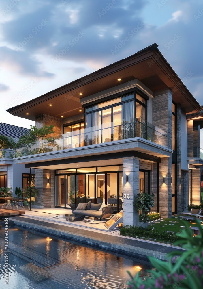 Fototapeta premium Modern Villa by the Pool at Dusk