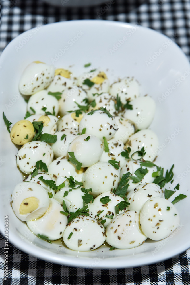 Boiled and seasoned quail egg, healthy and tasty food Boiled and seasoned quail egg, healthy and tasty food