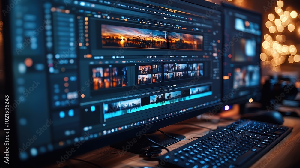 Computer desktop monitor screen display of photo video editing process with modern software background Computer desktop monitor screen display of photo video editing process with modern software background