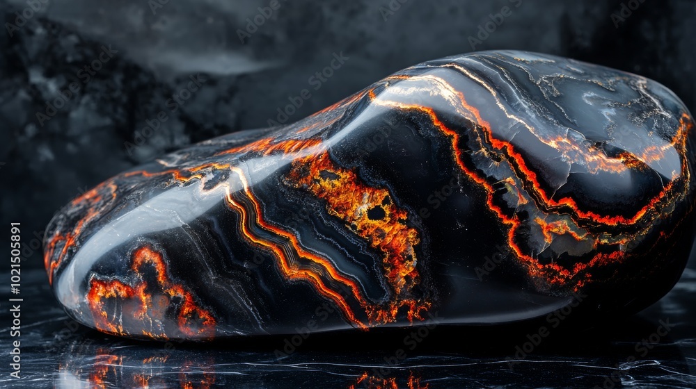 Naklejka premium A large black and orange rock with a red stripe