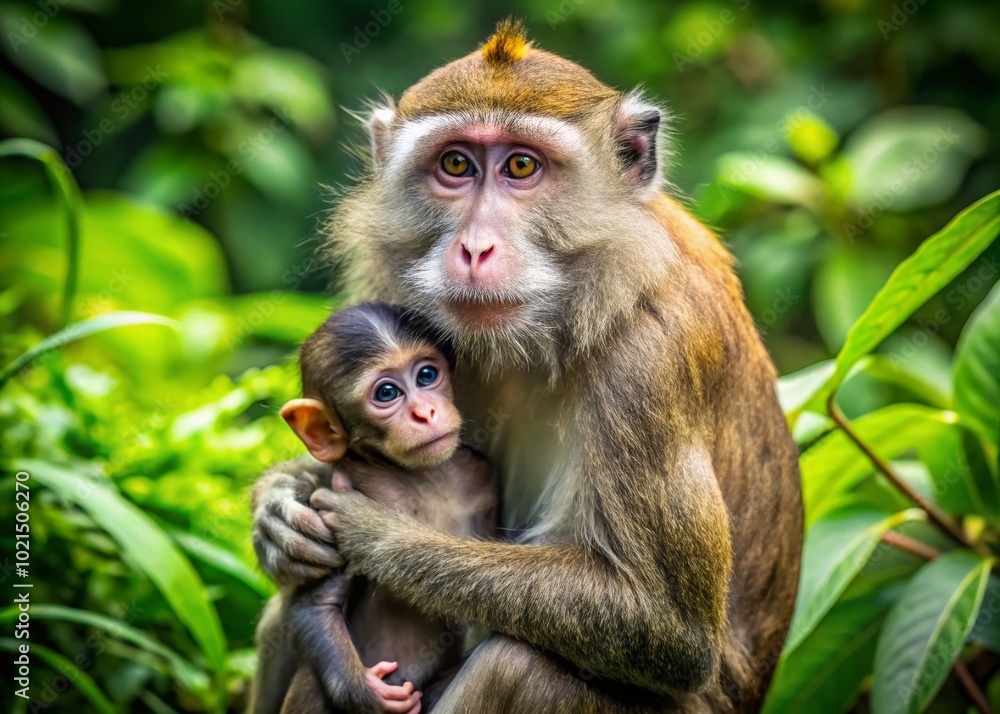 Obraz premium Playful Momma Monkey Holding Her Baby in a Lush Green Jungle Setting Capturing Maternal Love