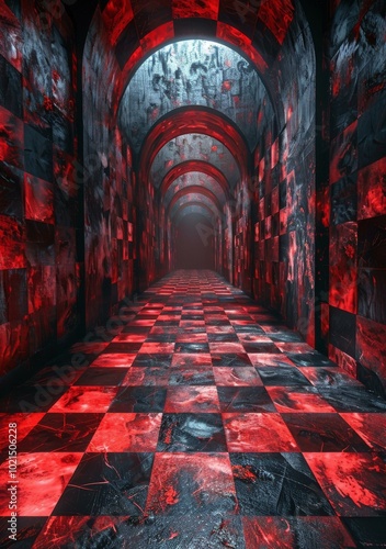 Red and black checkered floor tunnel photo