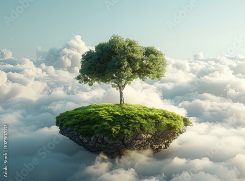 Floating Island Paradise with Green Tree