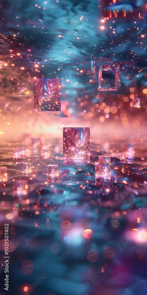 Fototapeta premium Glowing Cubes Floating Over Reflective Water