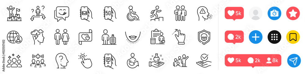 Fototapeta premium Parking app, Touchpoint and Approved line icons pack. Social media icons. Medical staff, Survey, Yummy smile web icon. Chin, Cough, Leadership pictogram. 5g internet, Baggage, Cyber attack. Vector