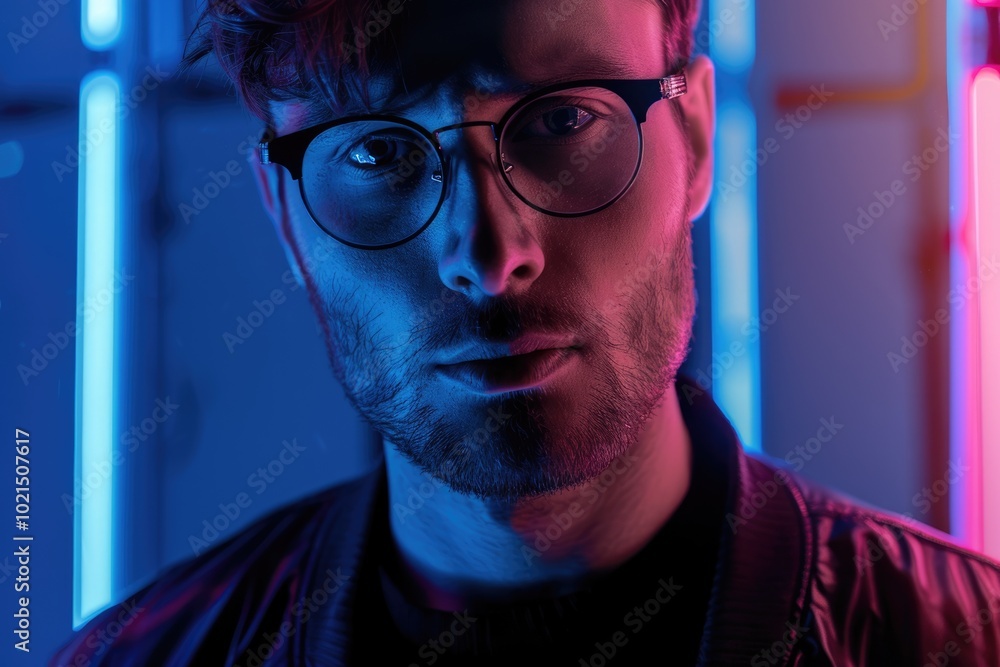 Stylish man in black clothes and glasses in neon lit studio. Stylish man in black clothes and glasses in neon lit studio.