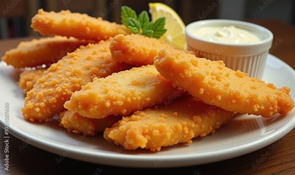 Deliciously crispy fried fish fillets served with a zesty dipping sauce and fresh lemon, perfect for showcasing culinary delights in restaurants or food advertisements. Deliciously crispy fried fish fillets served with a zesty dipping sauce and fresh lemon, perfect for showcasing culinary delights in restaurants or food advertisements.