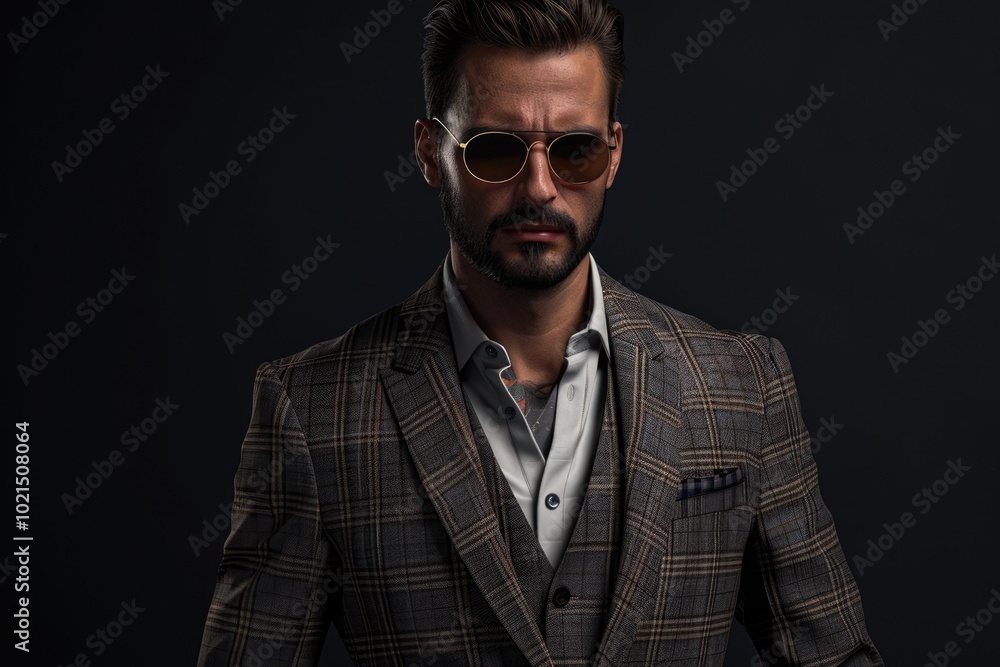 Fototapeta premium Modern businessmen in stylish suits and sunglasses on dark background.
