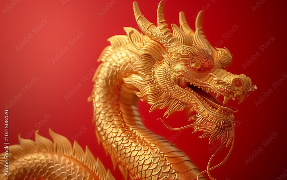 Fototapeta premium Beautiful golden Dragon illustration, Chinese new year poster background with dragon