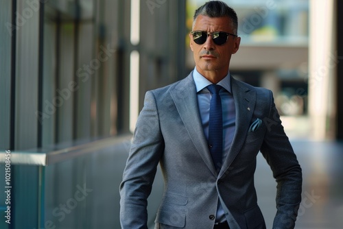 Modern businessmen in stylish suits with fashion sunglasses and lifestyle modeling.