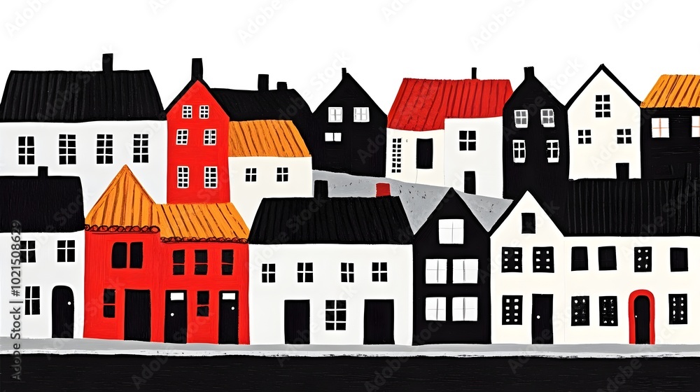 Naklejka premium Vibrant Scandinavian Street of Picturesque Nordic Architecture and Colorful Homes