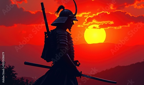 A striking silhouette of a samurai against a breathtaking sunset, symbolizing courage and tradition. Perfect for themes of history, culture, and warrior spirit. photo