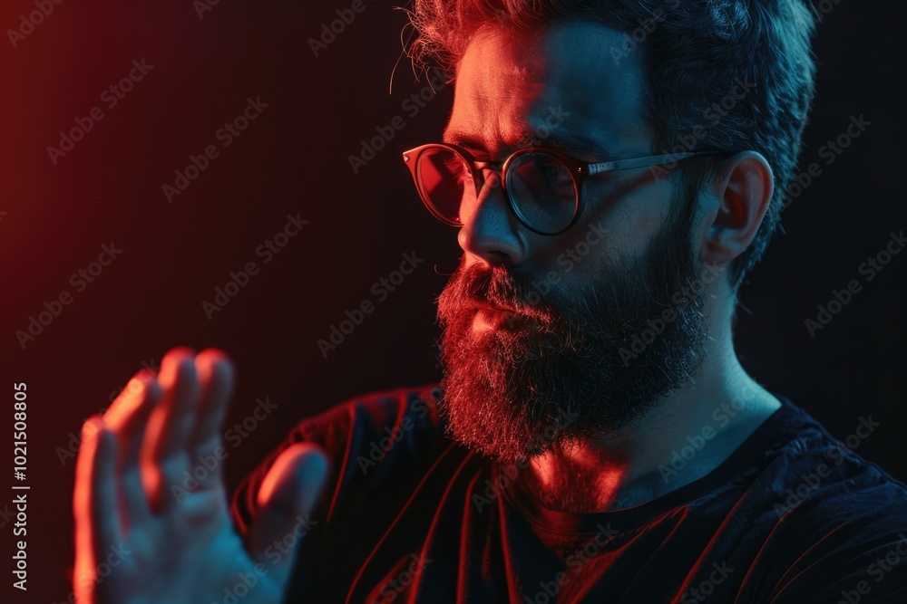 Cool bearded man in glasses poses against black background. Cool bearded man in glasses poses against black background.