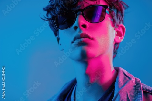 Stylish teen boy poses with sunglasses in neon lit studio