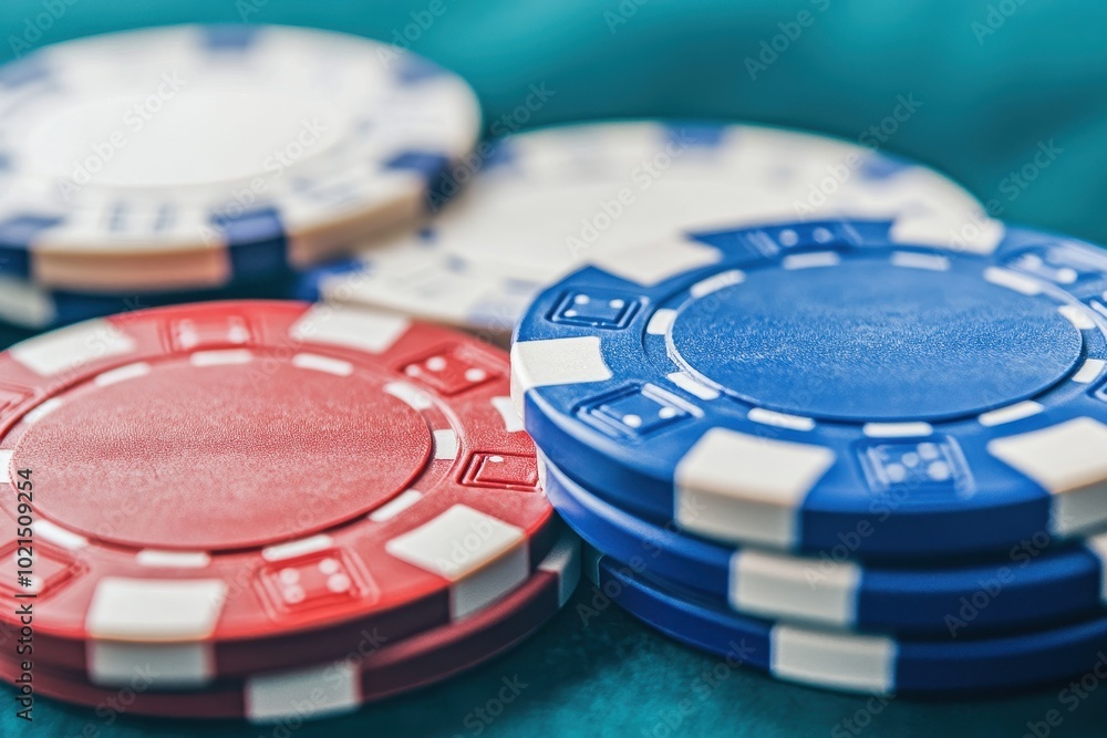 Colorful poker chips stacked on a table with a blue felt background. Colorful poker chips stacked on a table with a blue felt background.