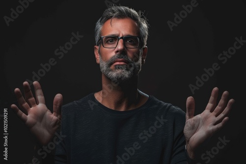 handsome man gestures with his hands with glasses dark background