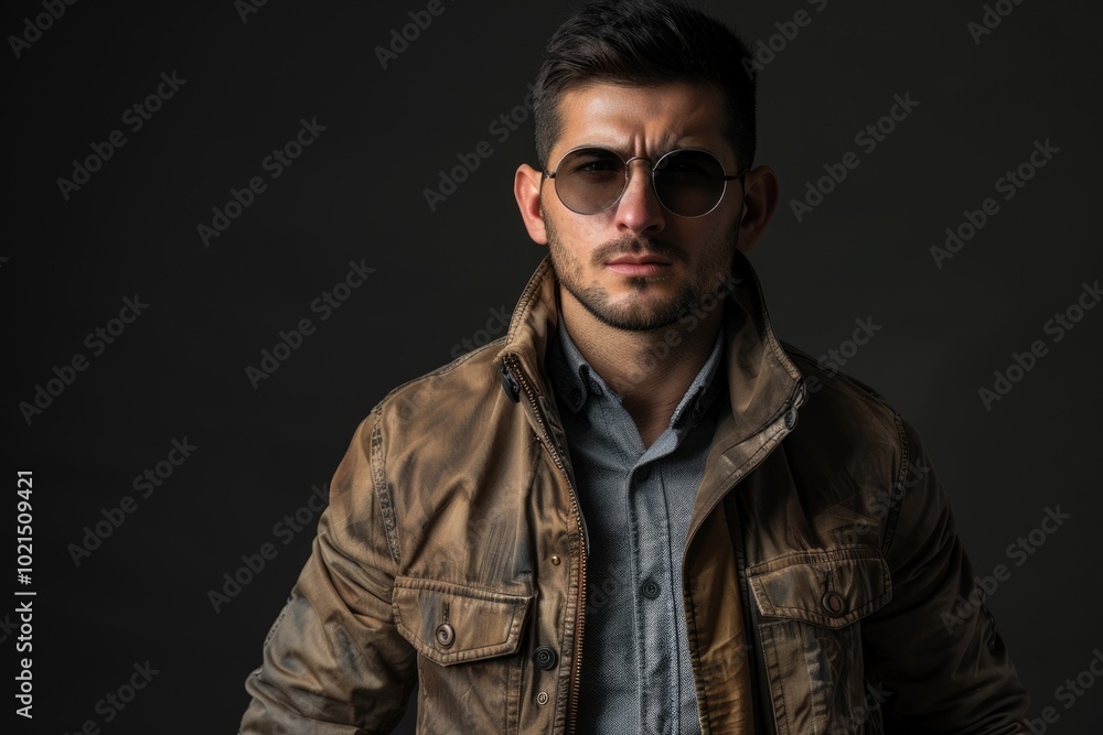 Obraz premium Confident man in jacket and sunglasses on dark background.