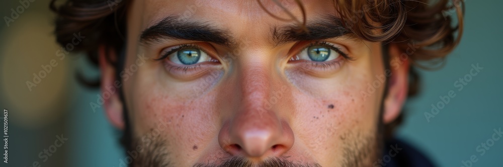 A close up portrait of a young man with striking green eyes and tousled hair, conveying confidence and approachability. Perfect for branding, lifestyle, and personal development themes. A close up portrait of a young man with striking green eyes and tousled hair, conveying confidence and approachability. Perfect for branding, lifestyle, and personal development themes.
