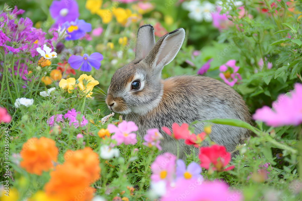 Fototapeta premium Rabbit in a Field of Wildflowers: A rabbit nibbling on grass in a colorful field of wildflowers, surrounded by natural beauty