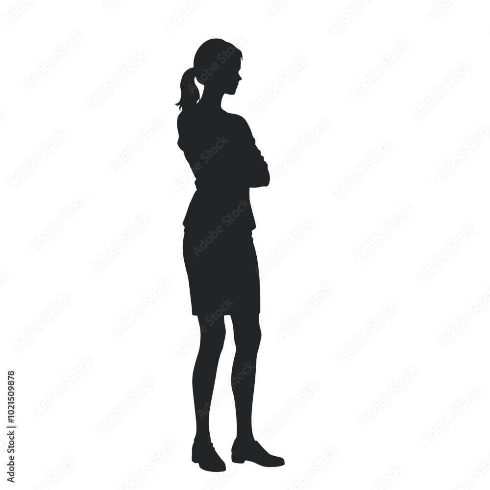 A silhouette of a young woman standing with her arms crossed vector silhouette isolated white background A silhouette of a young woman standing with her arms crossed vector silhouette isolated white background