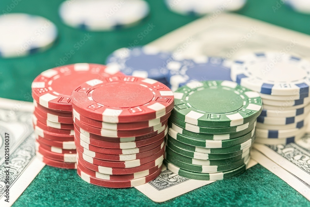 Colorful poker chips stacked over a green felt table for gaming. Colorful poker chips stacked over a green felt table for gaming.