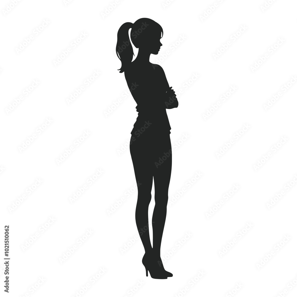A silhouette of a young woman standing with her arms crossed vector silhouette isolated white background A silhouette of a young woman standing with her arms crossed vector silhouette isolated white background