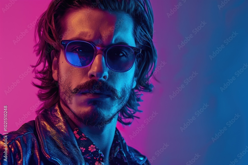 Handsome male model in neon light portrait with dark style. Handsome male model in neon light portrait with dark style.