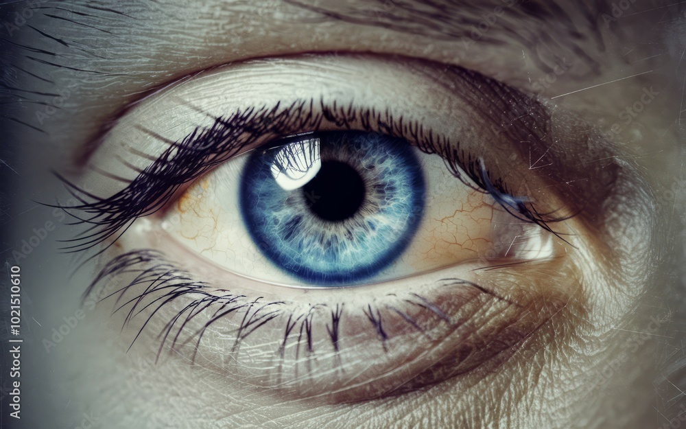 Obraz premium Blue eye close up. A close up of a blue eye with long eyelashes. The eye is looking to the side, giving a sense of mystery.