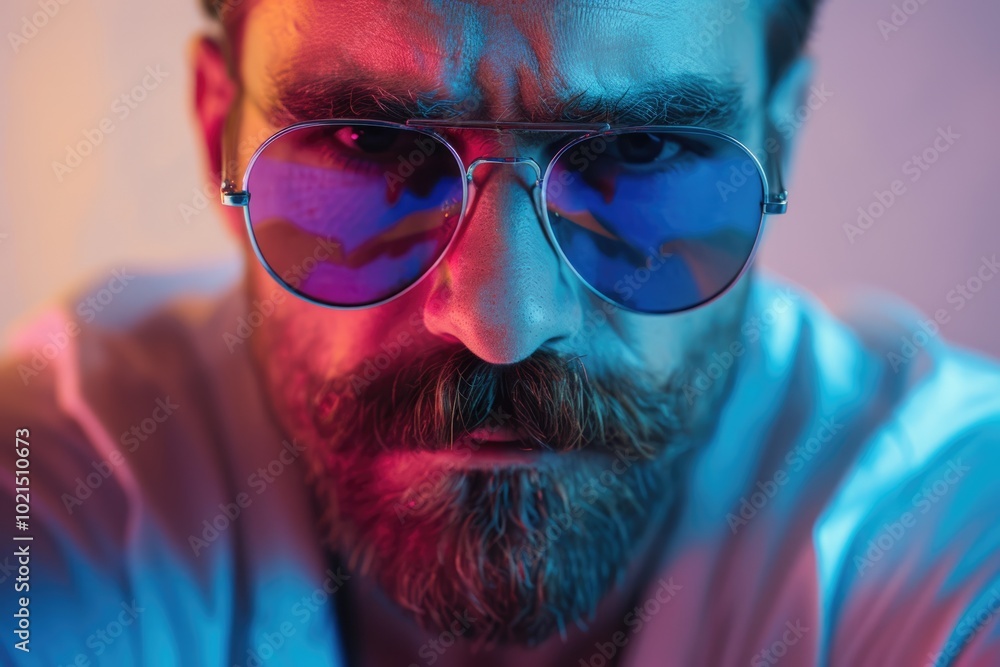 Close up neon portrait of serious man with mustache and beard. Close up neon portrait of serious man with mustache and beard.