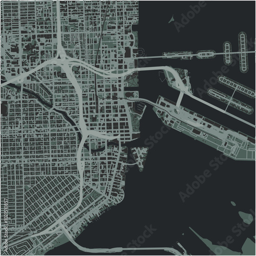 Map of Miami center in Florida in a smooth dark style. Contains layered vector with roads water, parks, etc.