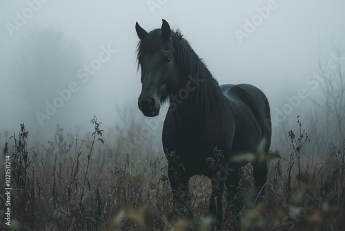 A Black Horse Stands in a Foggy Field