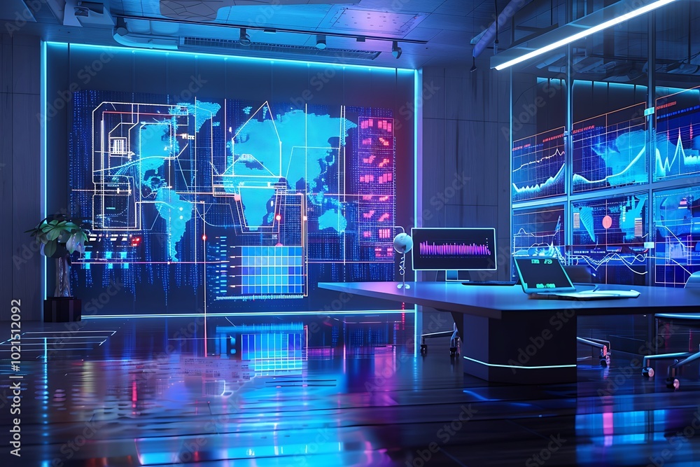A sophisticated office with a holographic financial dashboard and market trends floating in the air A sophisticated office with a holographic financial dashboard and market trends floating in the air