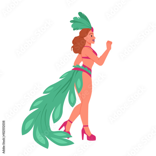 Samba dancer dancing at Brazilian carnival party, back view. Girl in pink tropical bird costume with tail and feathers standing with hand up in latin glamour dance pose cartoon vector illustration