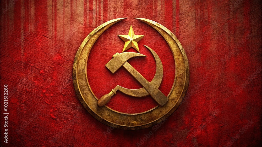 Fototapeta premium Red emblem symbolizing communist ideology with hammer and sickle on a textured background