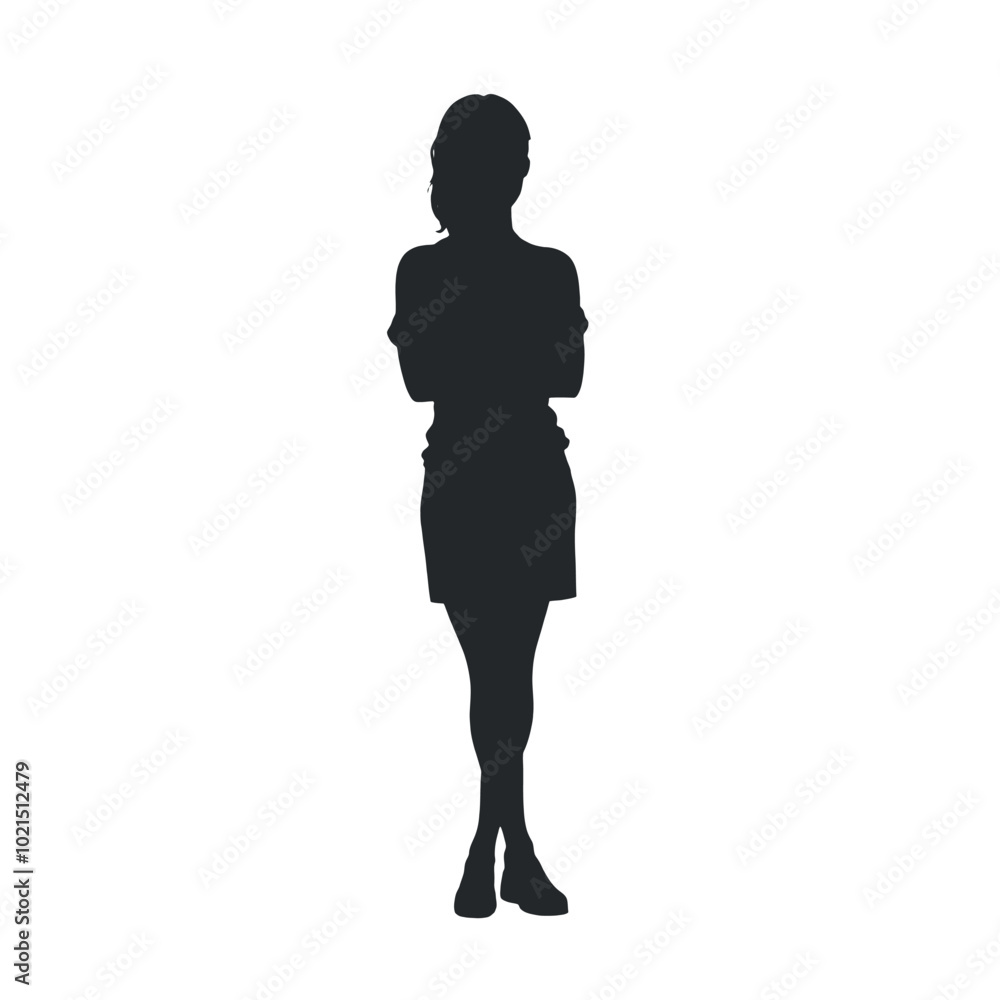 A silhouette of a young woman standing with her arms crossed vector silhouette isolated white background A silhouette of a young woman standing with her arms crossed vector silhouette isolated white background