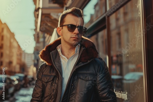 Confident man in stylish jacket and sunglasses poses as model.