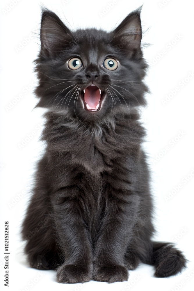 Surprised Fluffy Black Kitten with Mouth Open. Cute Funny Black Kitty on White Background. Surprised Fluffy Black Kitten with Mouth Open. Cute Funny Black Kitty on White Background.