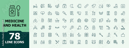 Medicine and Health icon set. Minimal icons collection for medical and Healthcare. Web and apps icons in line style. Check up, doctor, pharmacy vector illustration.