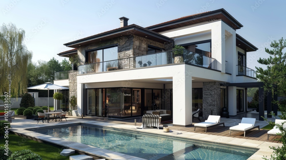 Fototapeta premium Modern Mansion with Pool and Garden