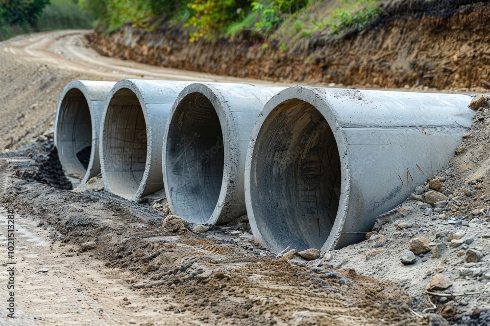 Four large concrete pipes are stacked on top of each other, generative ai image Four large concrete pipes are stacked on top of each other, generative ai image