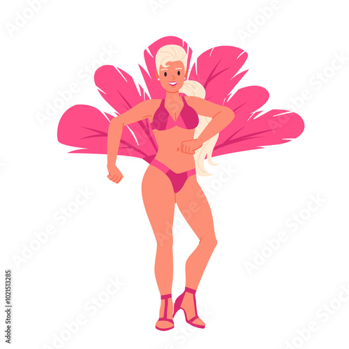 Brazilian carnival dance of happy girl in pink tropical costume with feathers. Female dancer dancing on high heels, side view of beautiful woman on parade in Brazil cartoon vector illustration